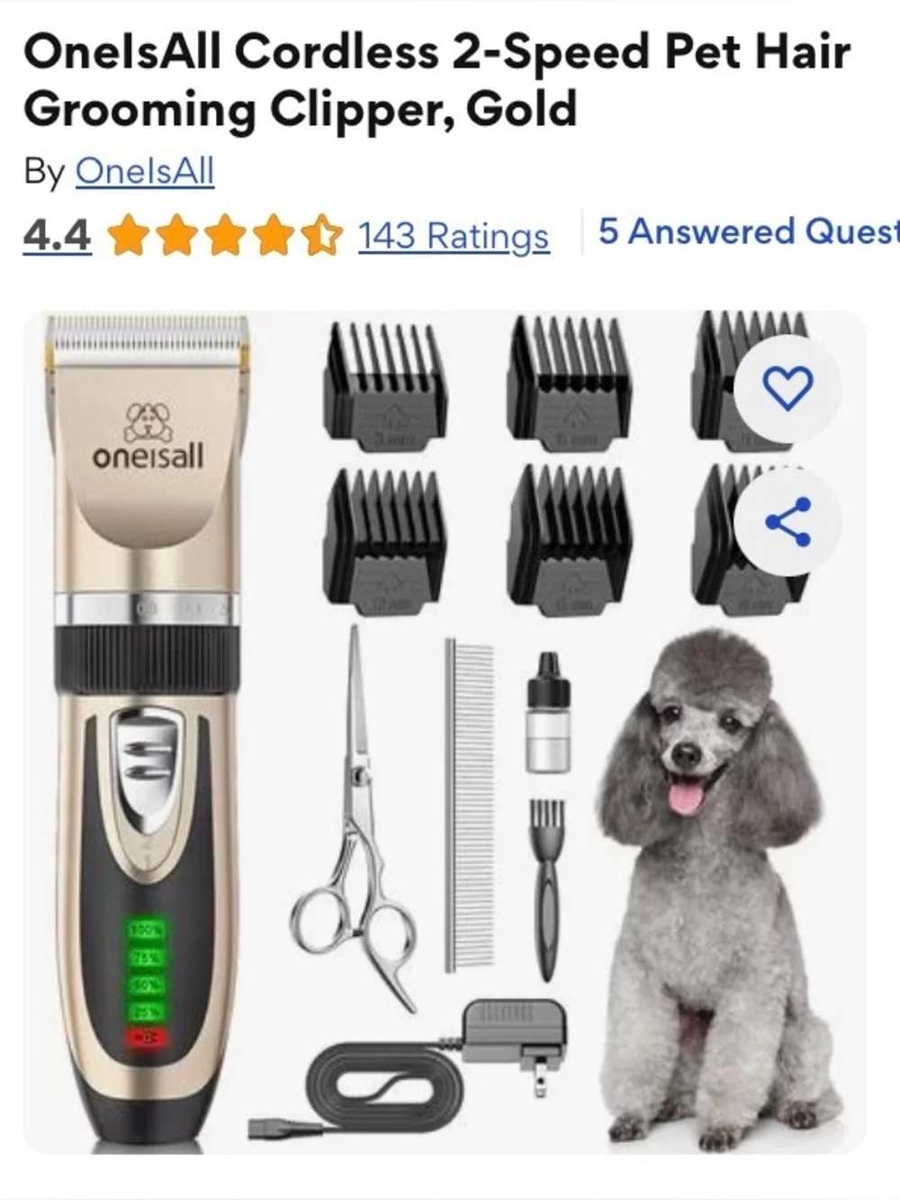 OneIsAll Gold Cordless Pet Grooming Clippers with Accessories